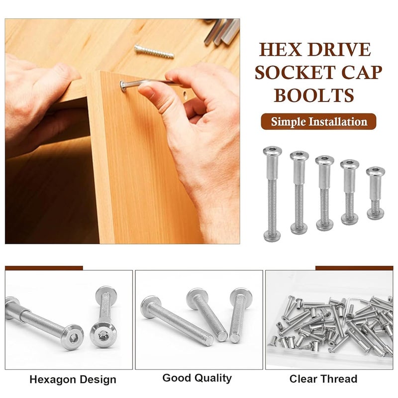 Jersvimc 30 Sets M6x16/25/35/45/55mm Hex Drive Socket Cap Bolt Kit with Allen Wrench, Silver Furniture Connector Bolts M6 Countersunk Screw Barrel Nuts Binding Screws for Cabinet - Image 5